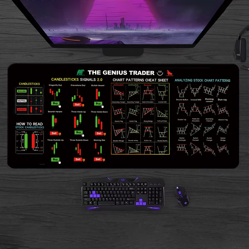 Gaming Keyboard And Mouse Pad - EXCO株式市場トレーダー革製マウスパッド、大型キャンドルスティックパターンチャートキーボードマウスパッド、投資家デスクマット、革製ベース