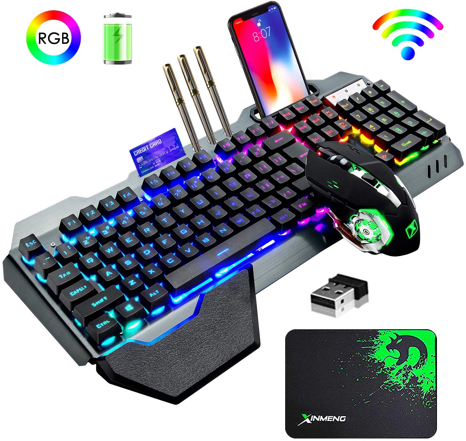 Gaming Keyboard Bundle - K680ワイヤレスゲーミングキーボードとマウスの組み合わせ、レインボーLEDバックライト付きキーボード、充電式3800mAhバッテリー、金属パネル