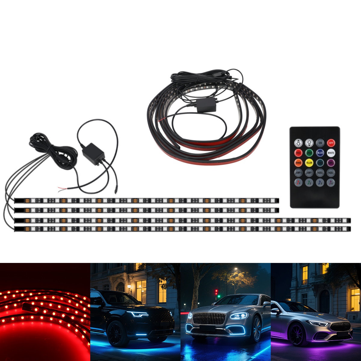 Rgb Underglow Strip - 90+120CM 車用RGBシャーシライトバー フレキシブルアンダーグローネオンライトストリップ リモコン/音声制御/アプリ制御 自動車内装雰囲気照明