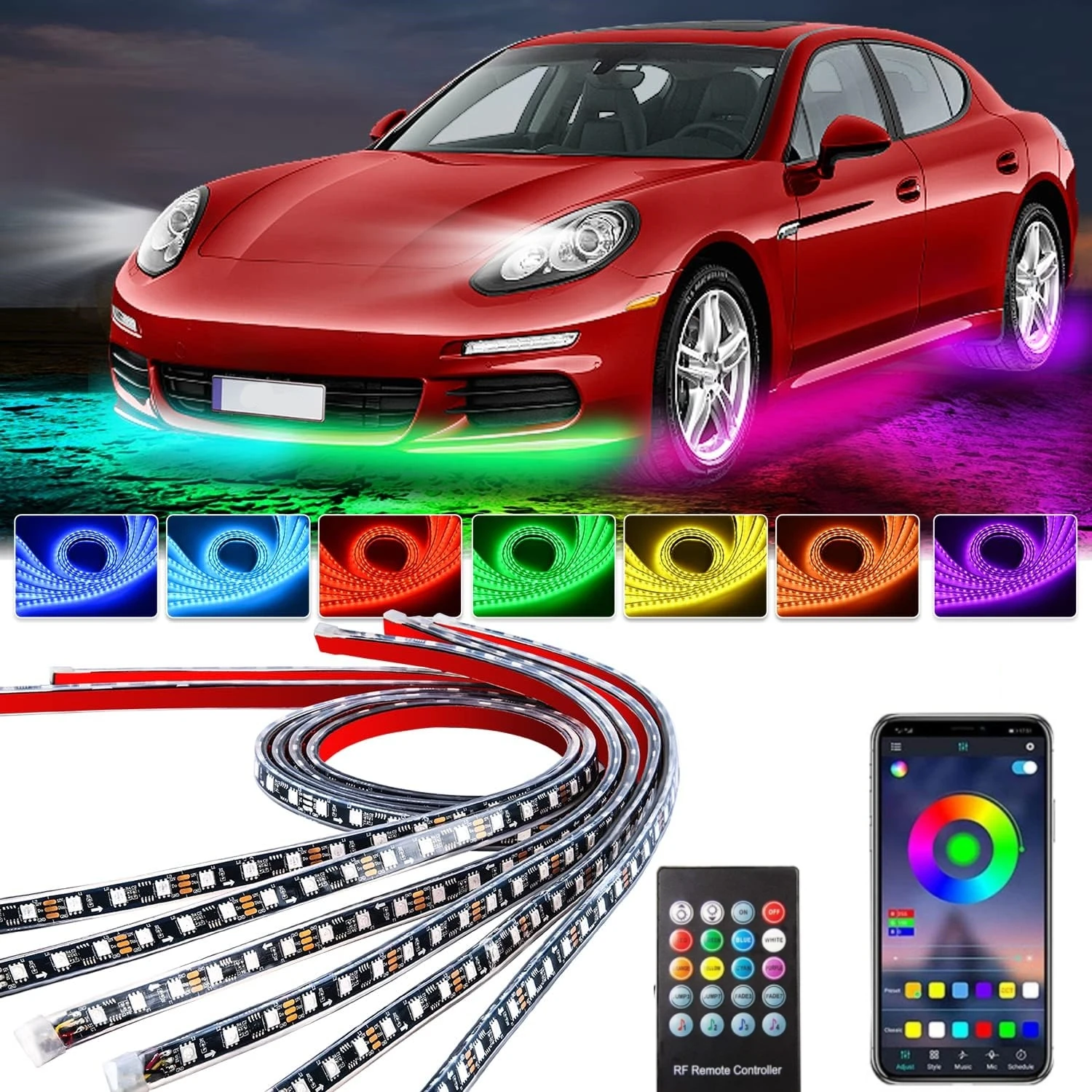 Rgb Underglow Strip - 車の下に配置されるLEDネオンランプ,車の下に配置される柔軟なLEDストリップライト,アプリケーションによるリモートコントロール,RGBドリームカラー,装飾的な雰囲気ランプ