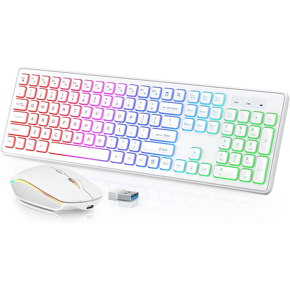 Gaming Keyboard Bundle - バックライト付きワイヤレスキーボードとマウス、静かなライトアップキー、傾斜脚、コンピュータ、PC、ラップトップ用の充電式USBコードレスコンボ