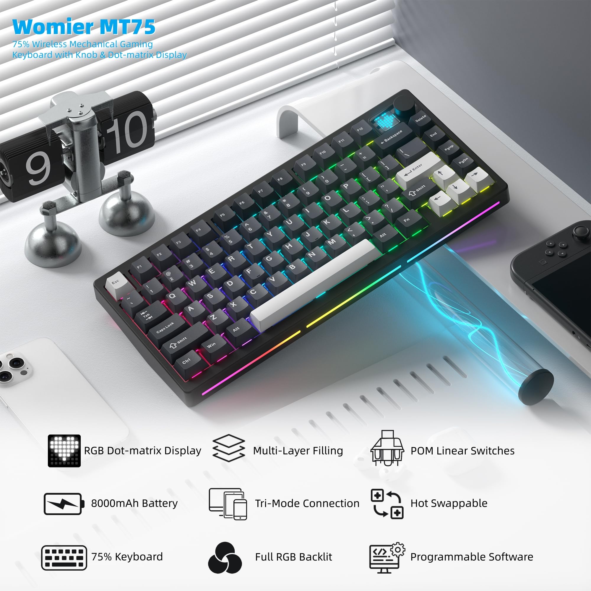 Womier MT75 ワイヤレスメカニカルトライモードキー - Gaming Keyboard Thocky のレビューと価格